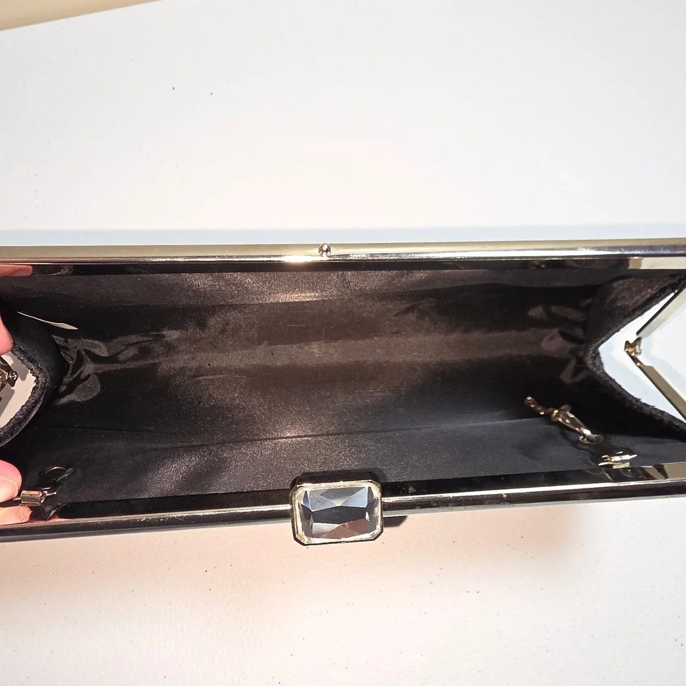 Black Lace Glitter‎ Evening Clutch Bag Silver Frame Jewel Clasp Formal Handbag